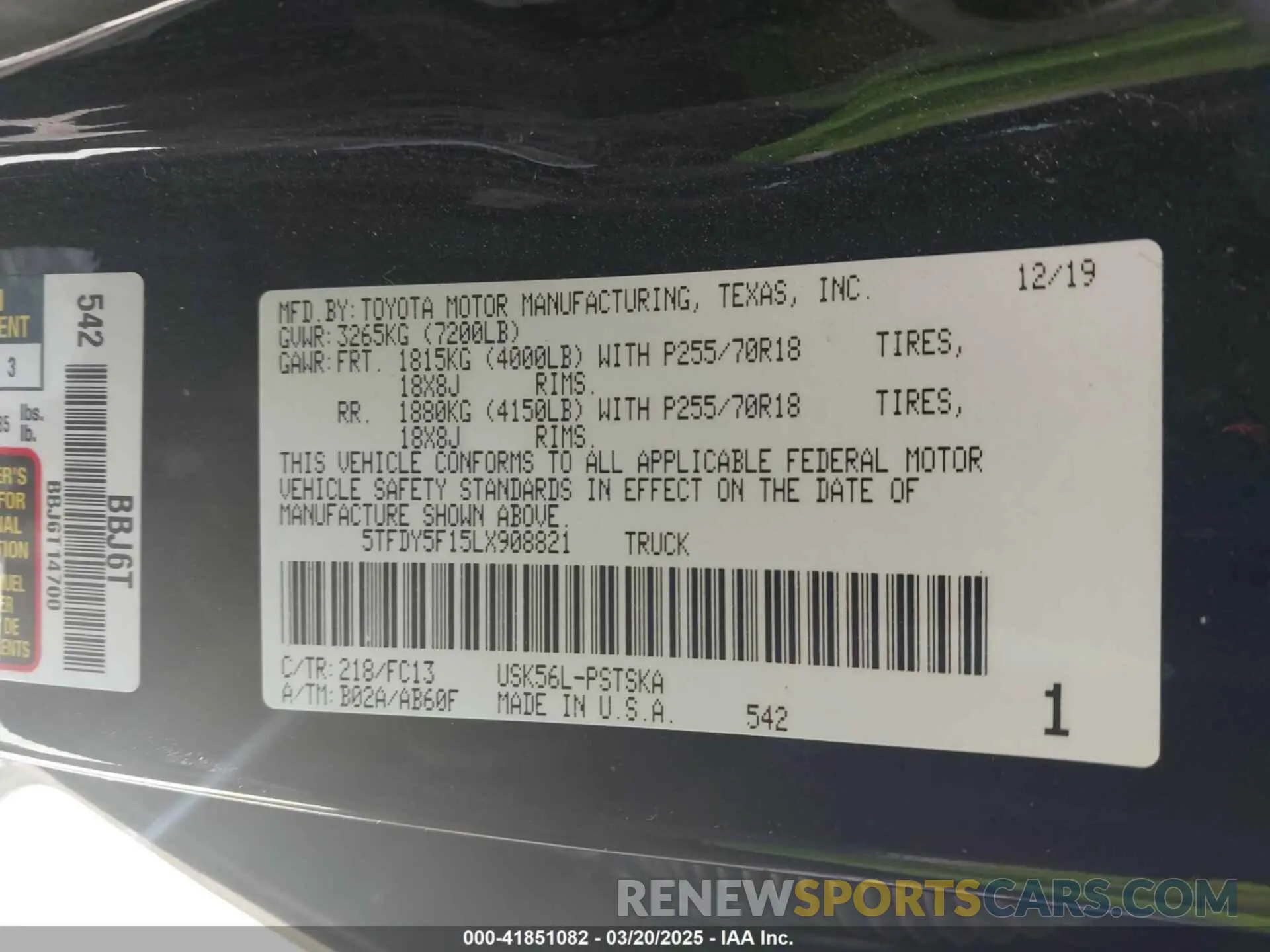 9 fotografías del automóvil dañado 5TFDY5F15LX908821 TOYOTA TUNDRA 2020