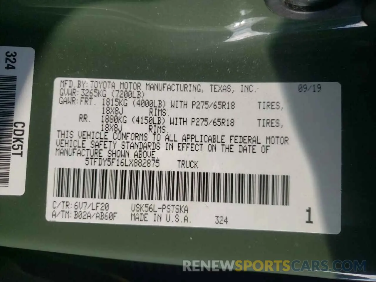 10 fotografías del automóvil dañado 5TFDY5F16LX882875 TOYOTA TUNDRA 2020