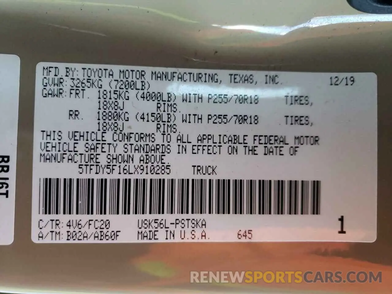13 fotografías del automóvil dañado 5TFDY5F16LX910285 TOYOTA TUNDRA 2020