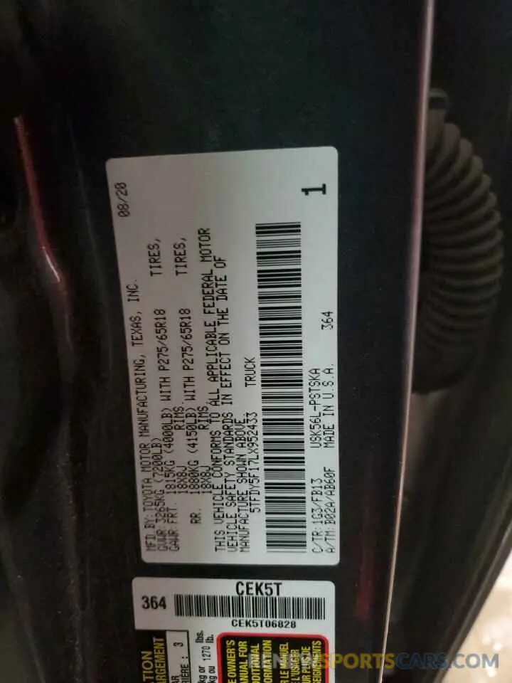 12 fotografías del automóvil dañado 5TFDY5F17LX952433 TOYOTA TUNDRA 2020