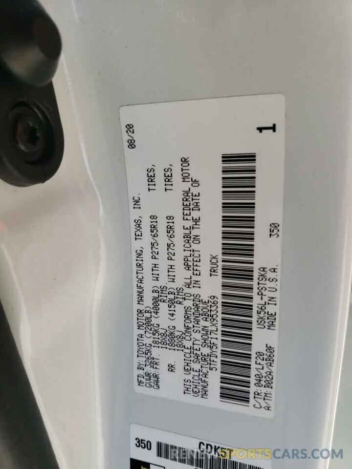 12 fotografías del automóvil dañado 5TFDY5F17LX953369 TOYOTA TUNDRA 2020