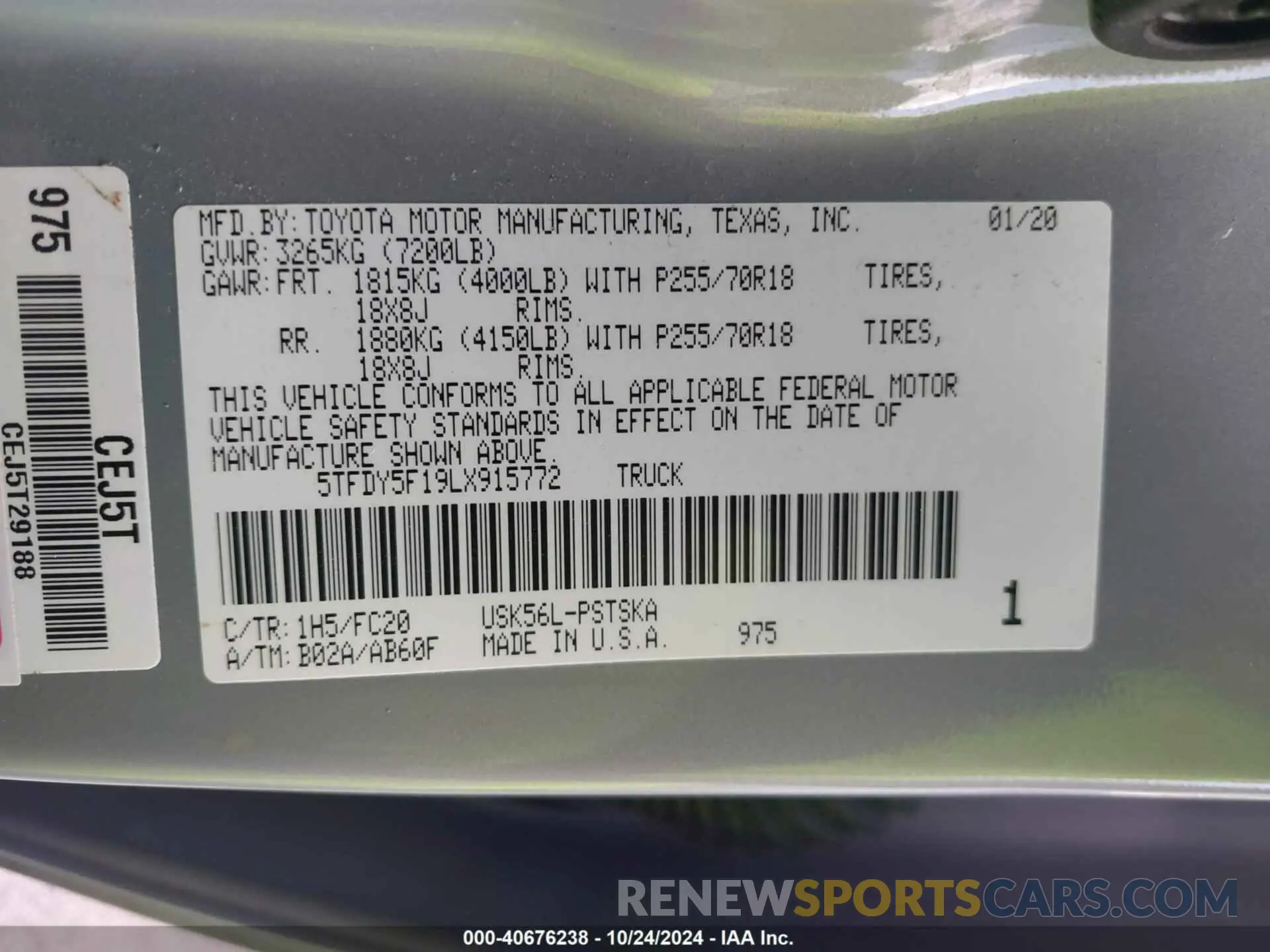 9 fotografías del automóvil dañado 5TFDY5F19LX915772 TOYOTA TUNDRA 2020