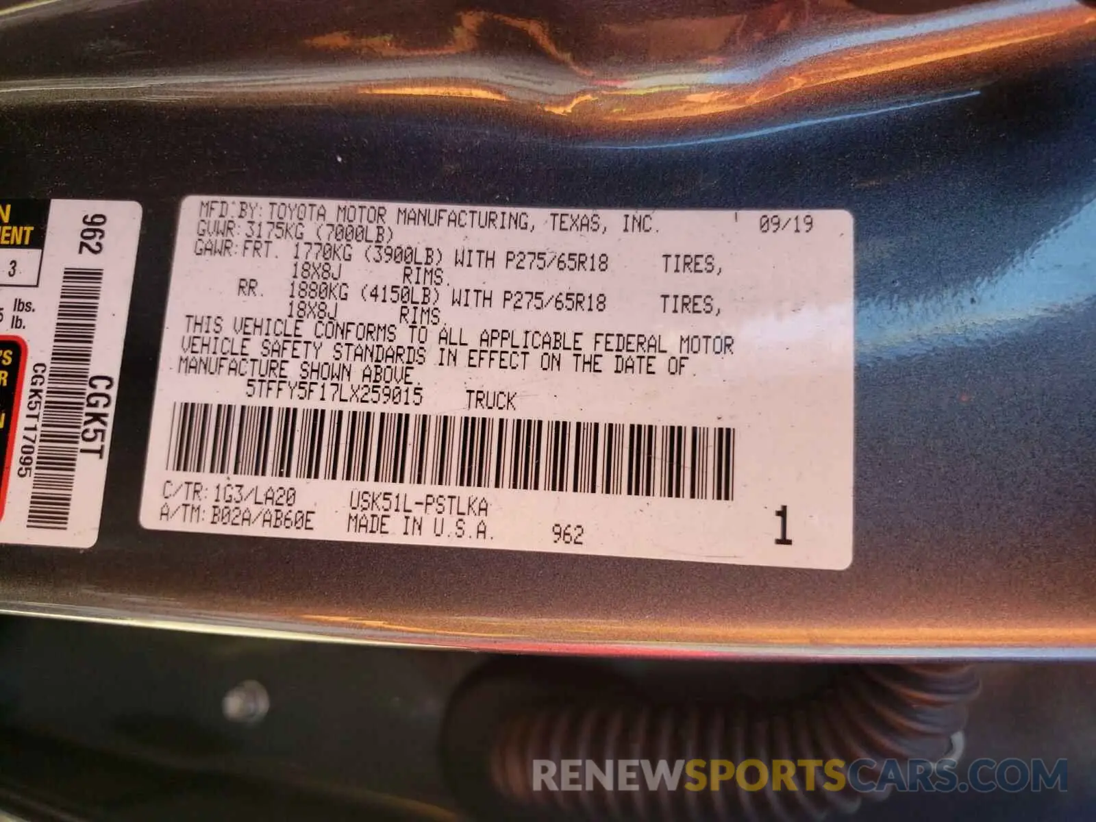 10 fotografías del automóvil dañado 5TFFY5F17LX259015 TOYOTA TUNDRA 2020