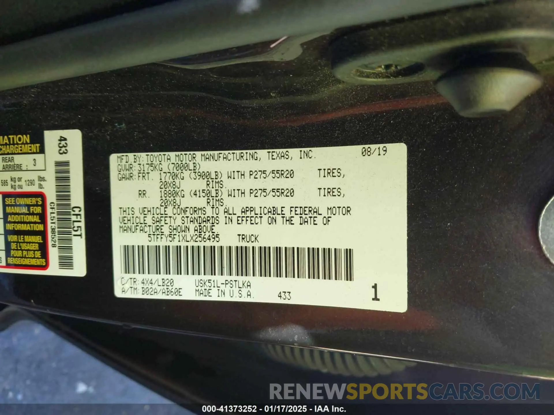 9 fotografías del automóvil dañado 5TFFY5F1XLX256495 TOYOTA TUNDRA 2020