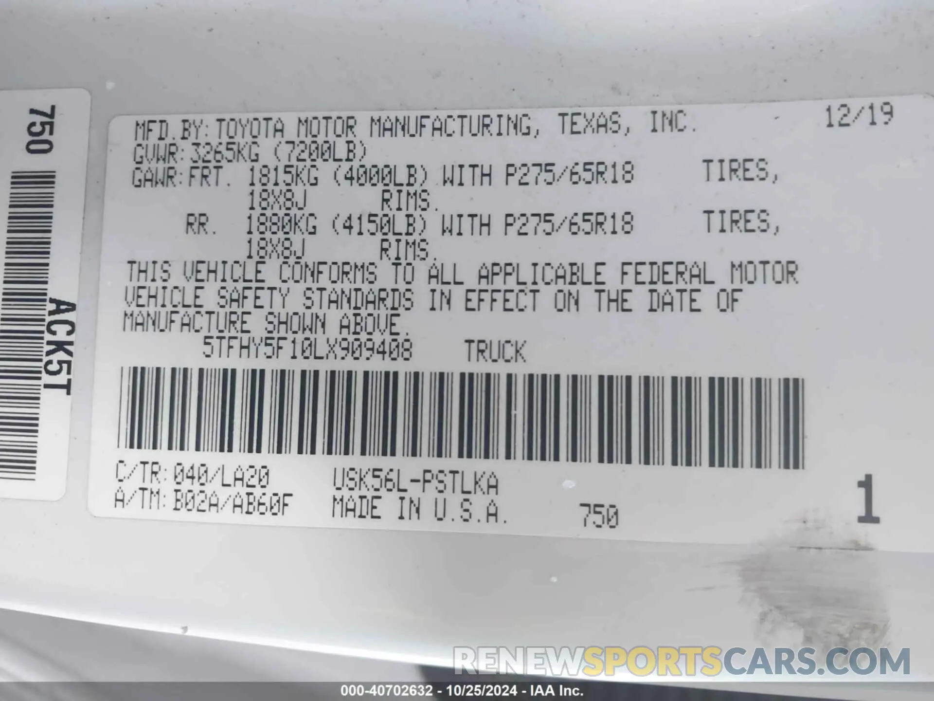 9 fotografías del automóvil dañado 5TFHY5F10LX909408 TOYOTA TUNDRA 2020