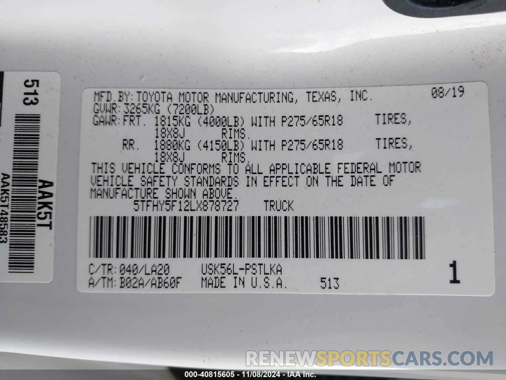 9 fotografías del automóvil dañado 5TFHY5F12LX878727 TOYOTA TUNDRA 2020