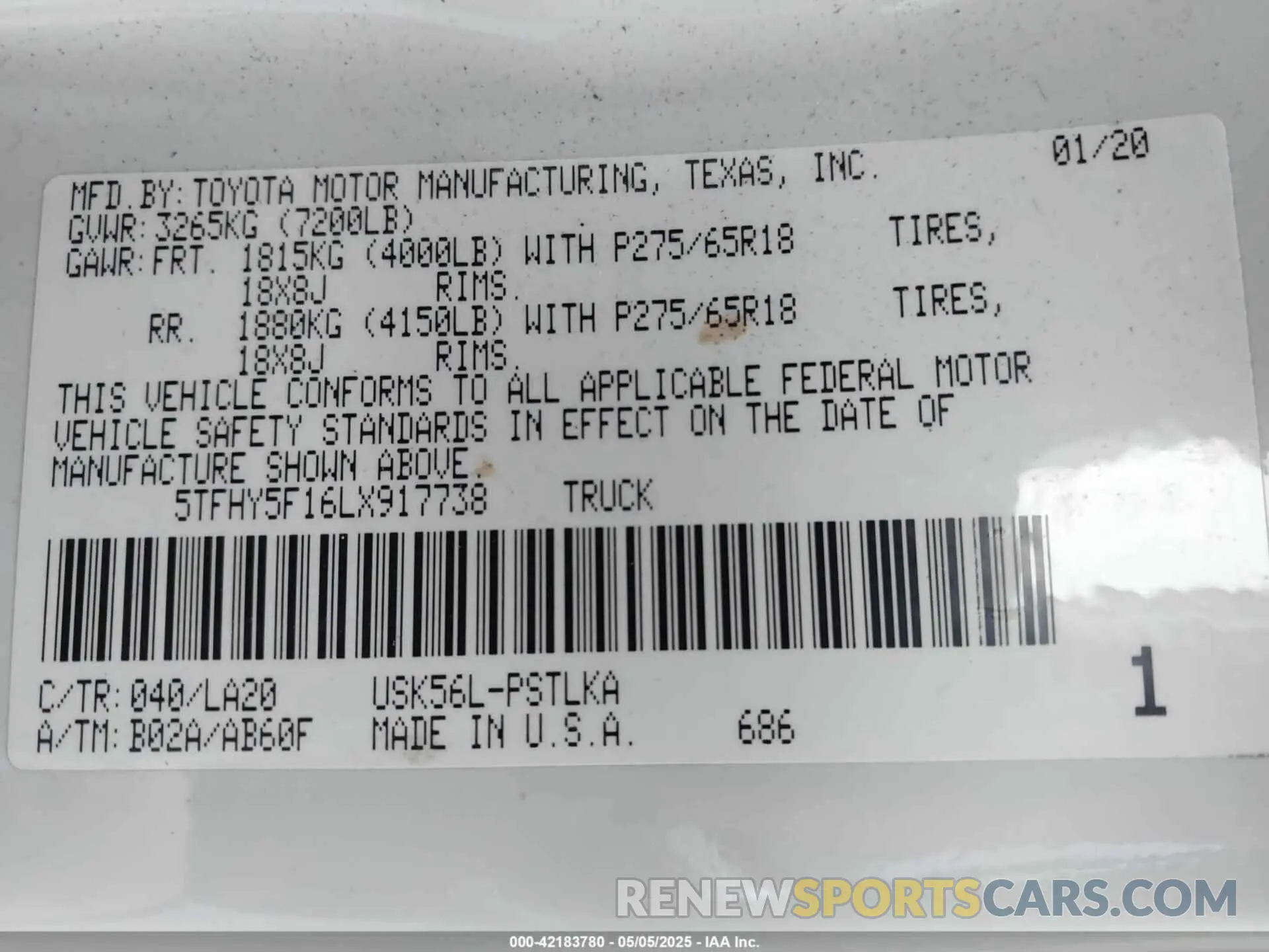 9 fotografías del automóvil dañado 5TFHY5F16LX917738 TOYOTA TUNDRA 2020