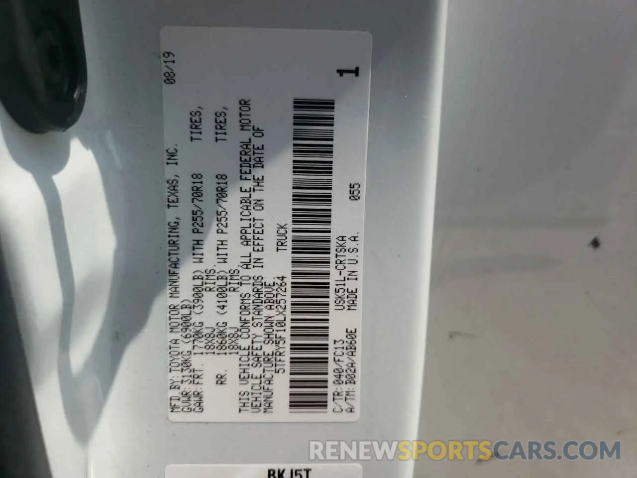 10 fotografías del automóvil dañado 5TFRY5F10LX257264 TOYOTA TUNDRA 2020