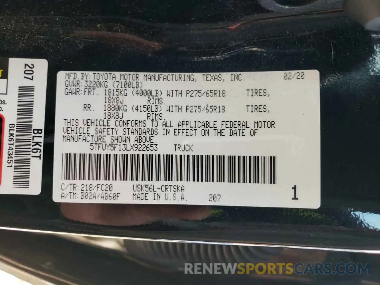 13 fotografías del automóvil dañado 5TFUY5F13LX922653 TOYOTA TUNDRA 2020