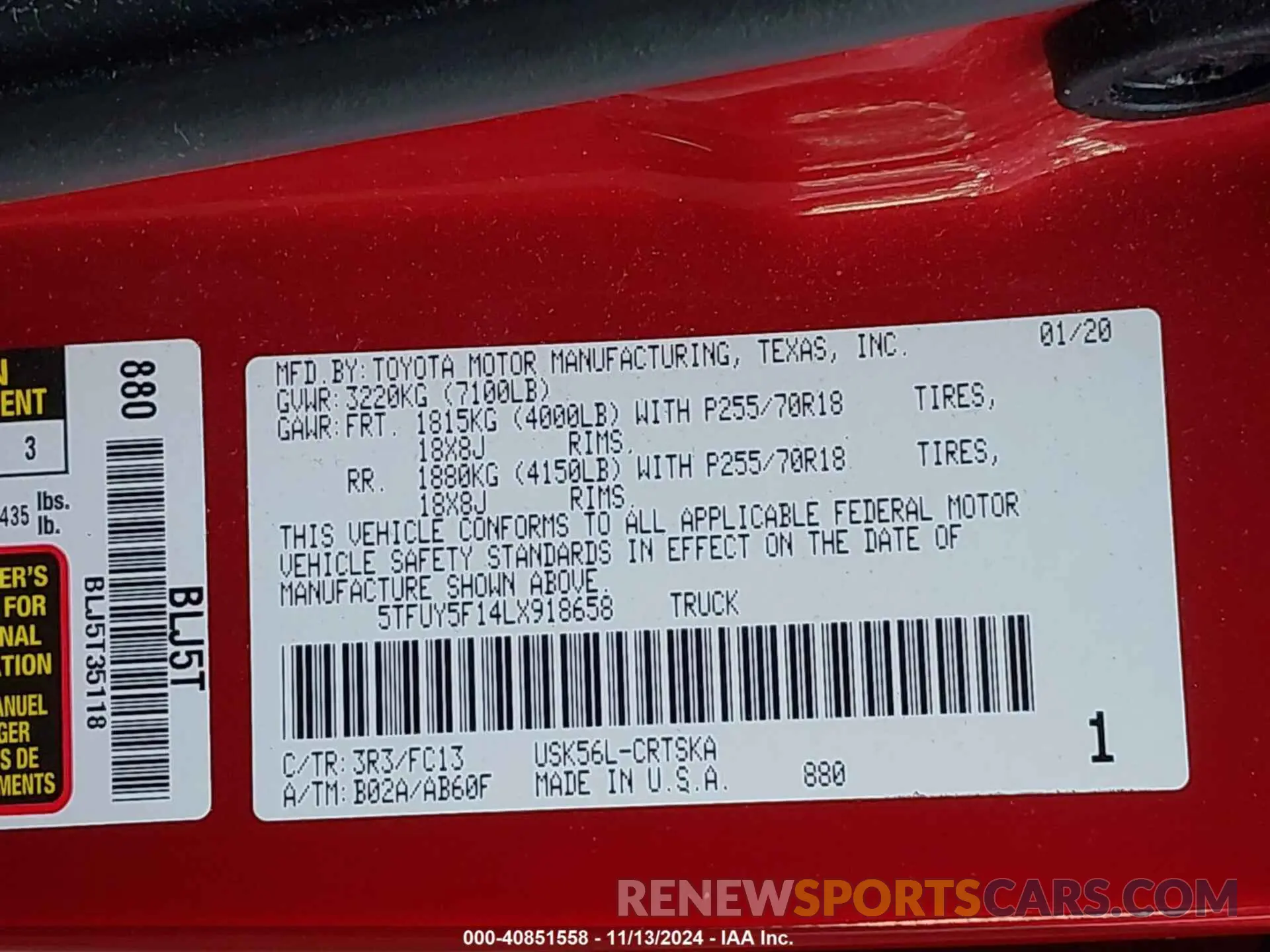 9 fotografías del automóvil dañado 5TFUY5F14LX918658 TOYOTA TUNDRA 2020