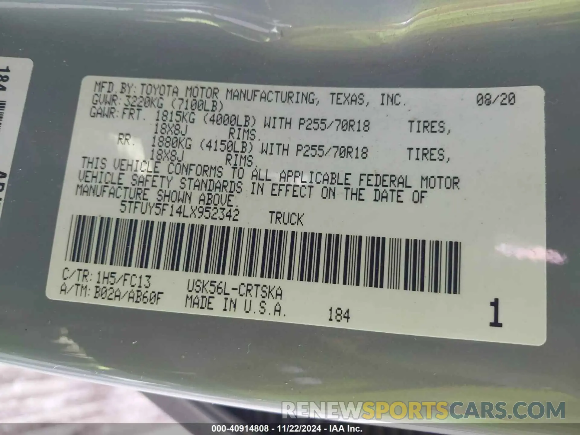 9 fotografías del automóvil dañado 5TFUY5F14LX952342 TOYOTA TUNDRA 2020