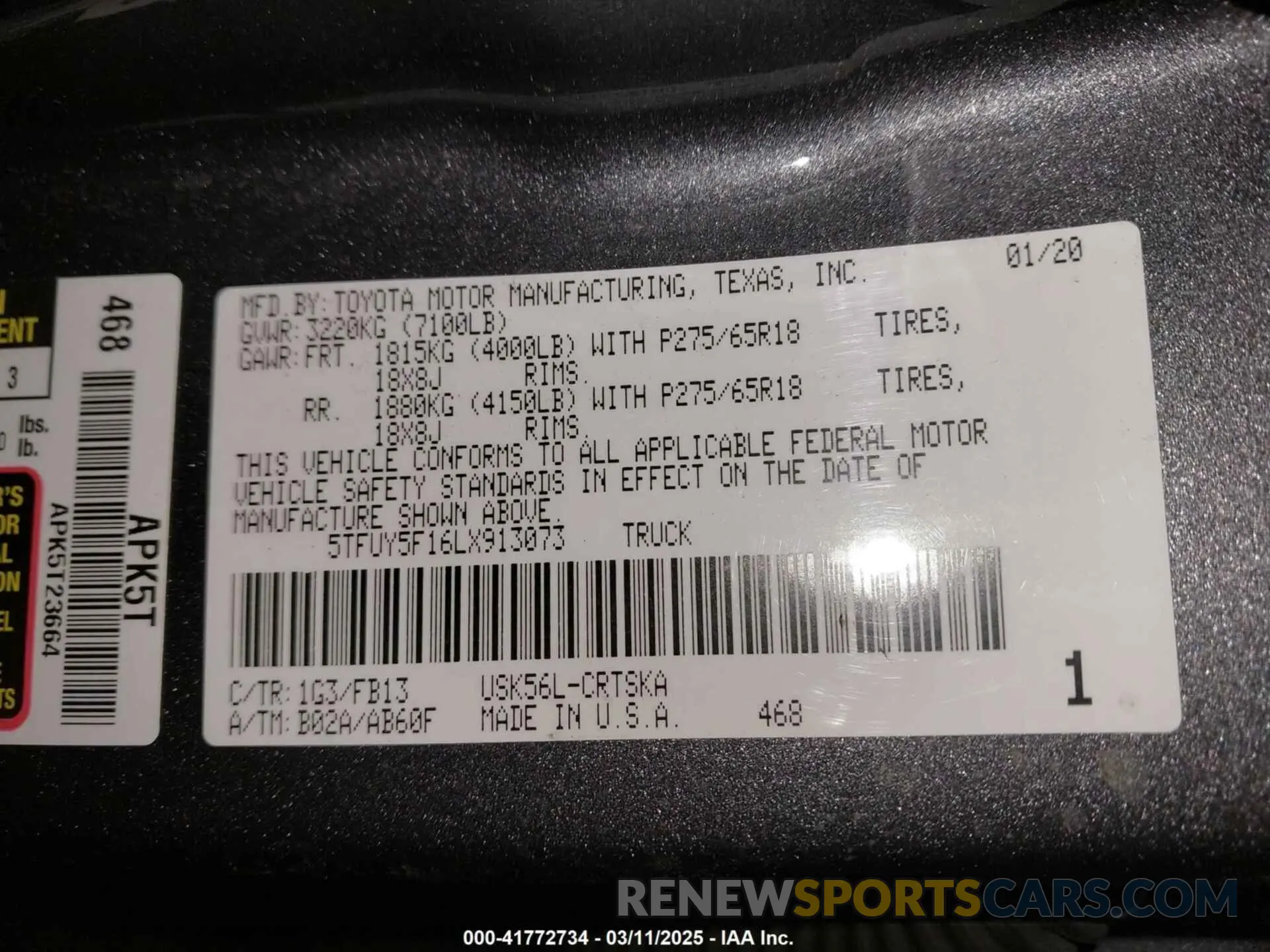 9 fotografías del automóvil dañado 5TFUY5F16LX913073 TOYOTA TUNDRA 2020