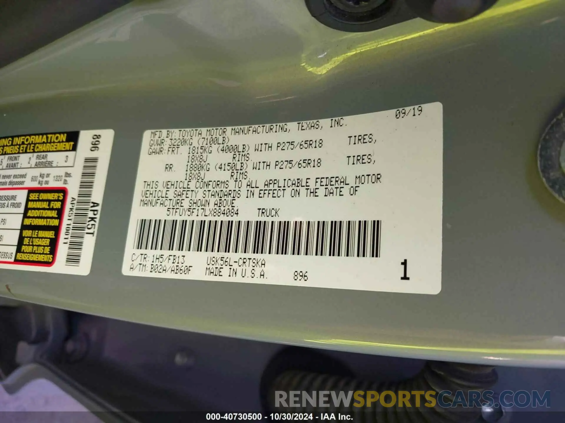 9 fotografías del automóvil dañado 5TFUY5F17LX884084 TOYOTA TUNDRA 2020