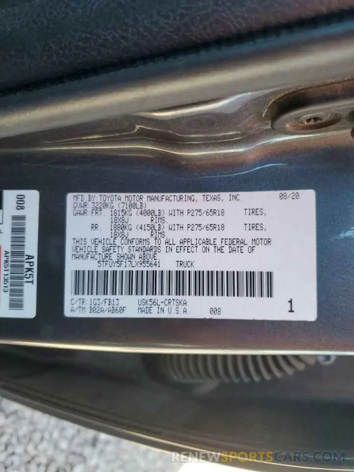 12 fotografías del automóvil dañado 5TFUY5F17LX955641 TOYOTA TUNDRA 2020