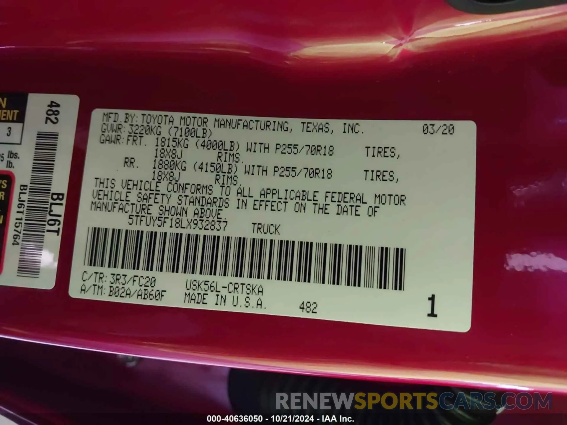 9 fotografías del automóvil dañado 5TFUY5F18LX932837 TOYOTA TUNDRA 2020