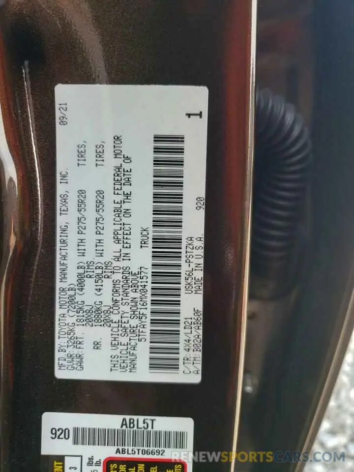 12 fotografías del automóvil dañado 5TFAY5F16MX041577 TOYOTA TUNDRA 2021