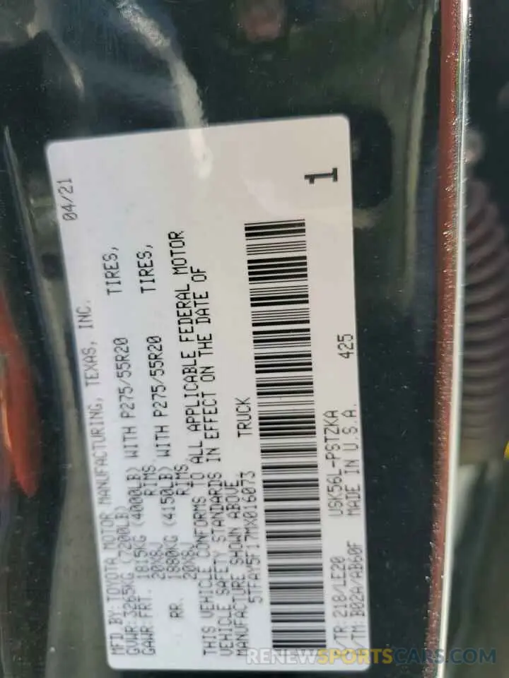 12 fotografías del automóvil dañado 5TFAY5F17MX016073 TOYOTA TUNDRA 2021