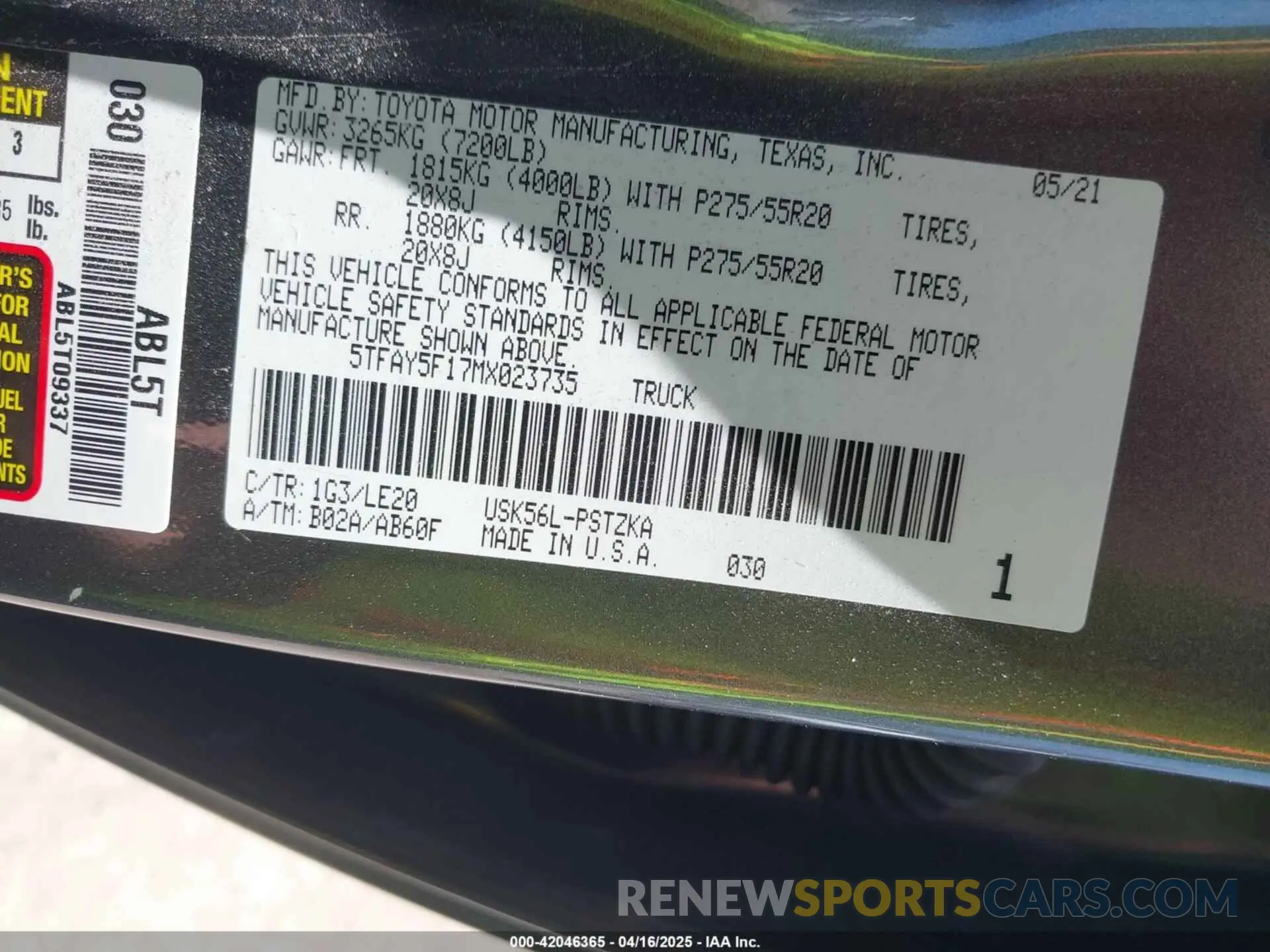 9 fotografías del automóvil dañado 5TFAY5F17MX023735 TOYOTA TUNDRA 2021