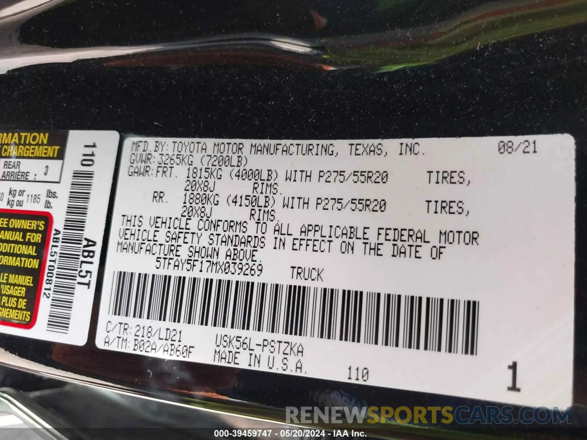 9 fotografías del automóvil dañado 5TFAY5F17MX039269 TOYOTA TUNDRA 2021