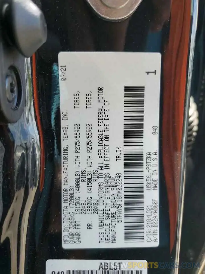 13 fotografías del automóvil dañado 5TFAY5F18MX032248 TOYOTA TUNDRA 2021