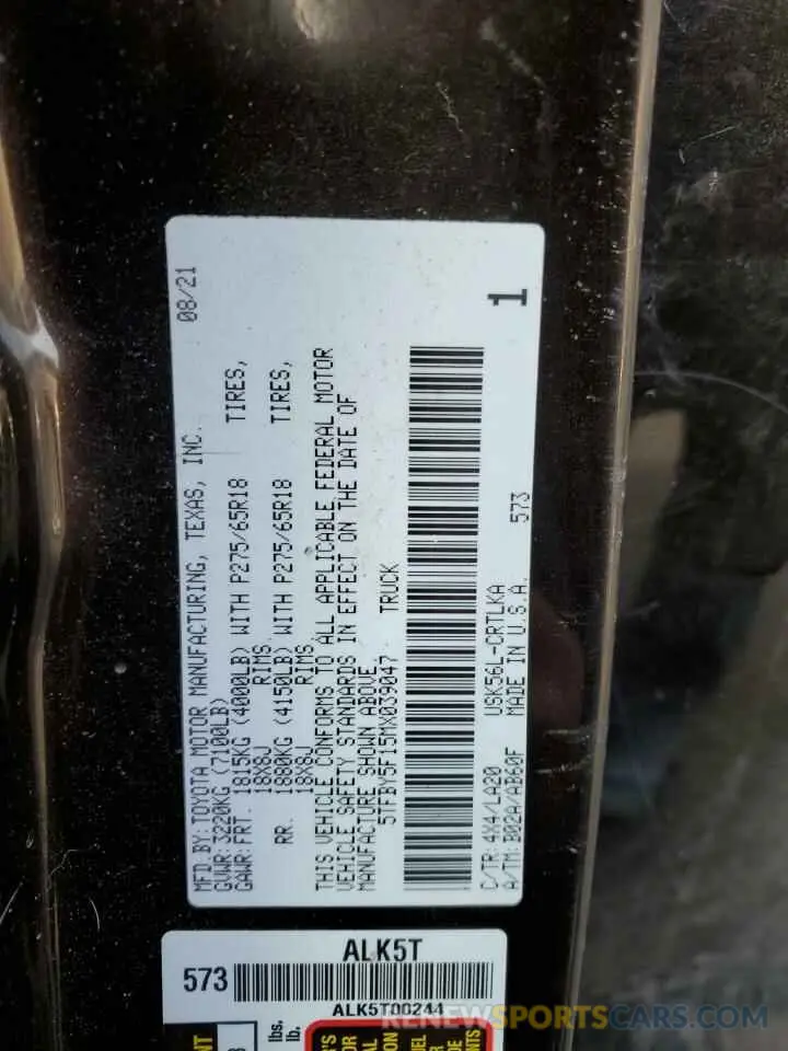 12 fotografías del automóvil dañado 5TFBY5F15MX039047 TOYOTA TUNDRA 2021
