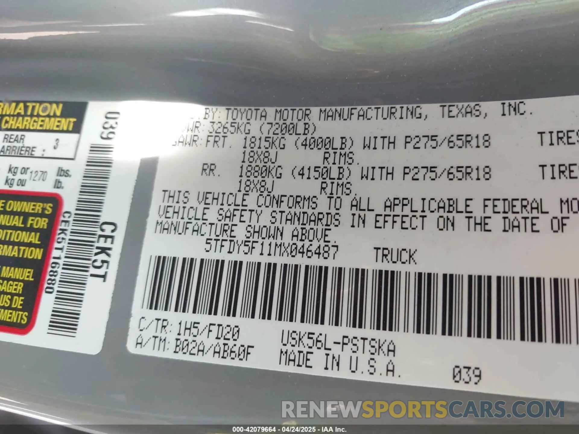 9 fotografías del automóvil dañado 5TFDY5F11MX046487 TOYOTA TUNDRA 2021
