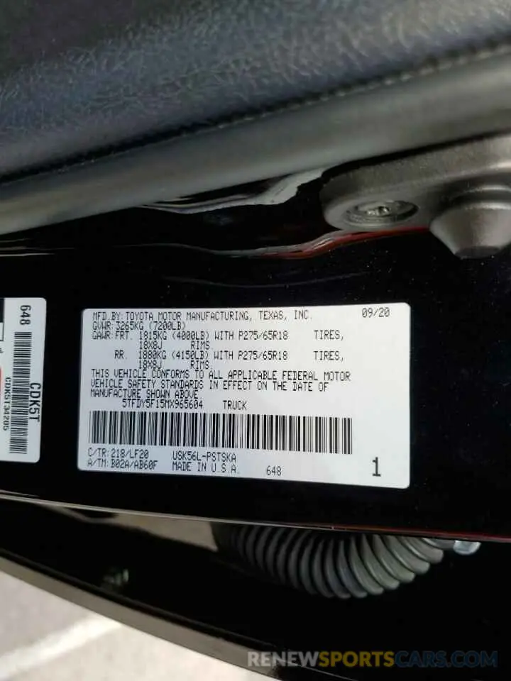 12 fotografías del automóvil dañado 5TFDY5F15MX965604 TOYOTA TUNDRA 2021