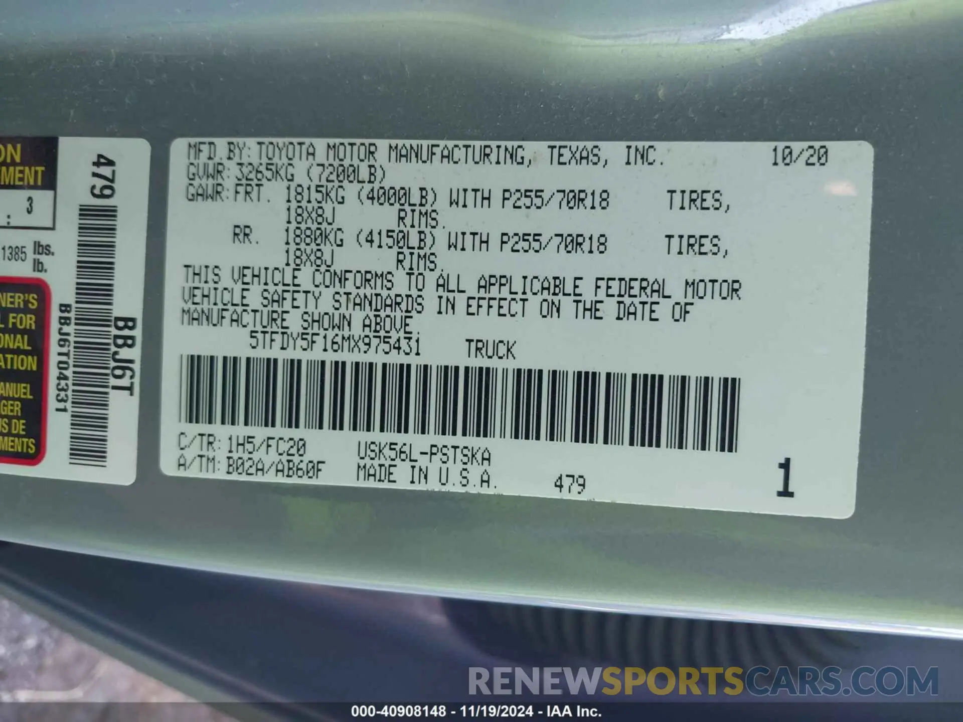 9 fotografías del automóvil dañado 5TFDY5F16MX975431 TOYOTA TUNDRA 2021