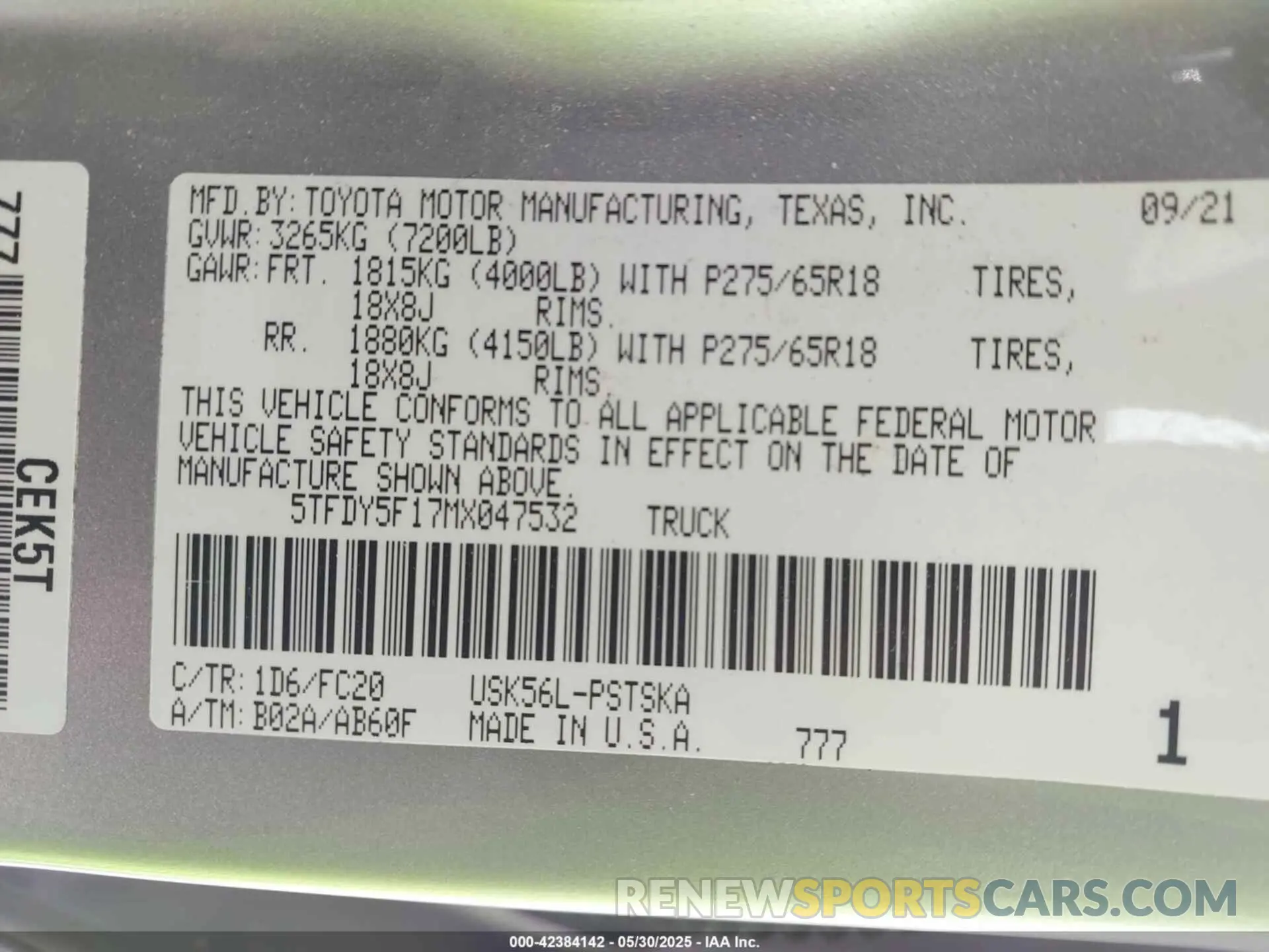 9 fotografías del automóvil dañado 5TFDY5F17MX047532 TOYOTA TUNDRA 2021