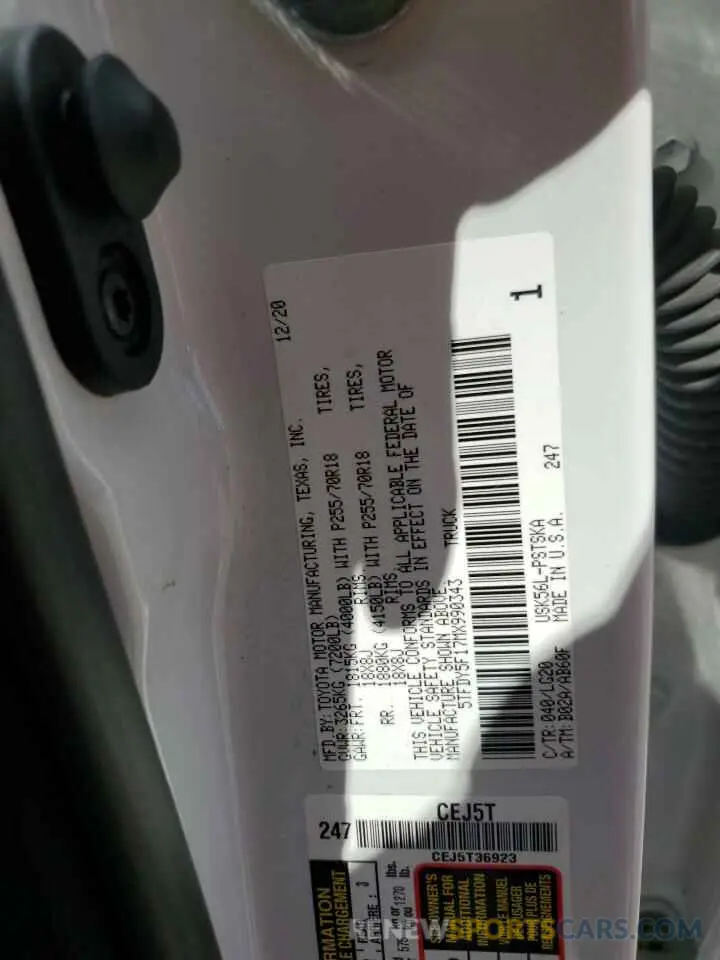 12 fotografías del automóvil dañado 5TFDY5F17MX990343 TOYOTA TUNDRA 2021