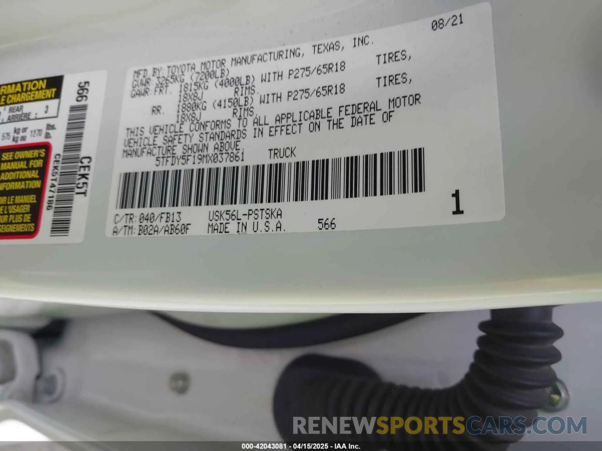 9 fotografías del automóvil dañado 5TFDY5F19MX037861 TOYOTA TUNDRA 2021