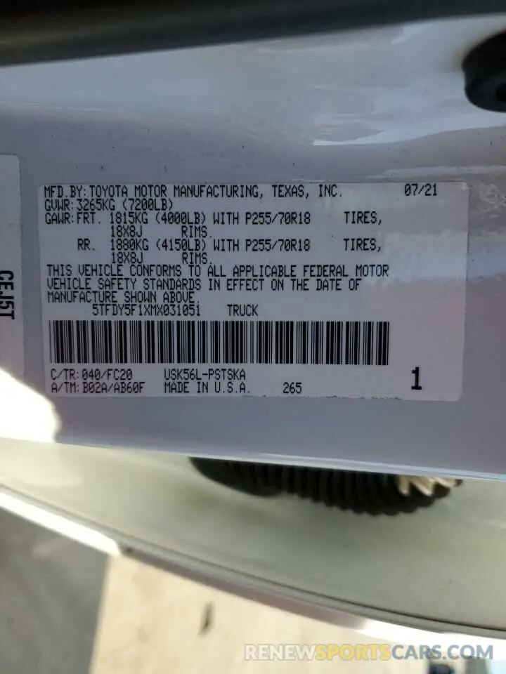 12 fotografías del automóvil dañado 5TFDY5F1XMX031051 TOYOTA TUNDRA 2021