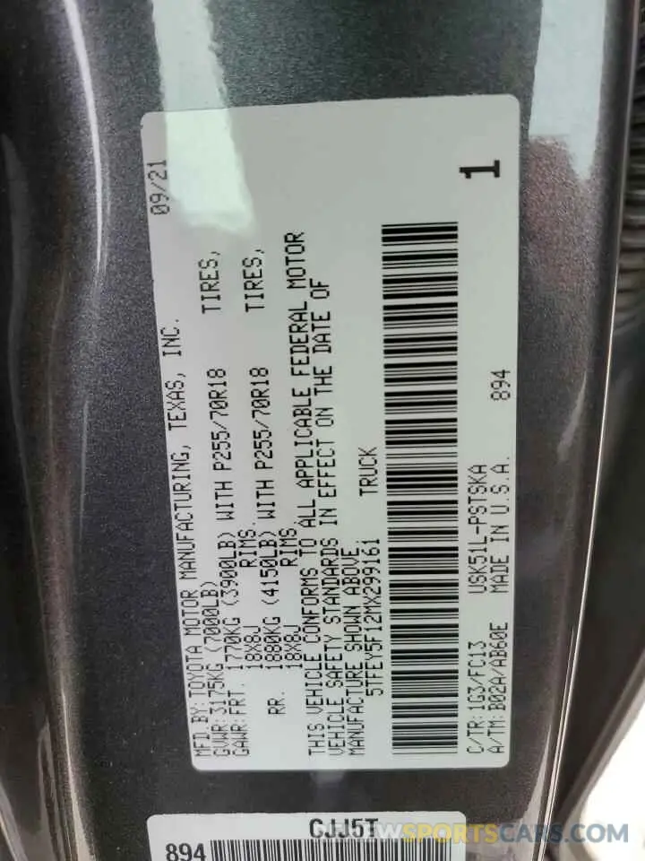 12 fotografías del automóvil dañado 5TFEY5F12MX299161 TOYOTA TUNDRA 2021