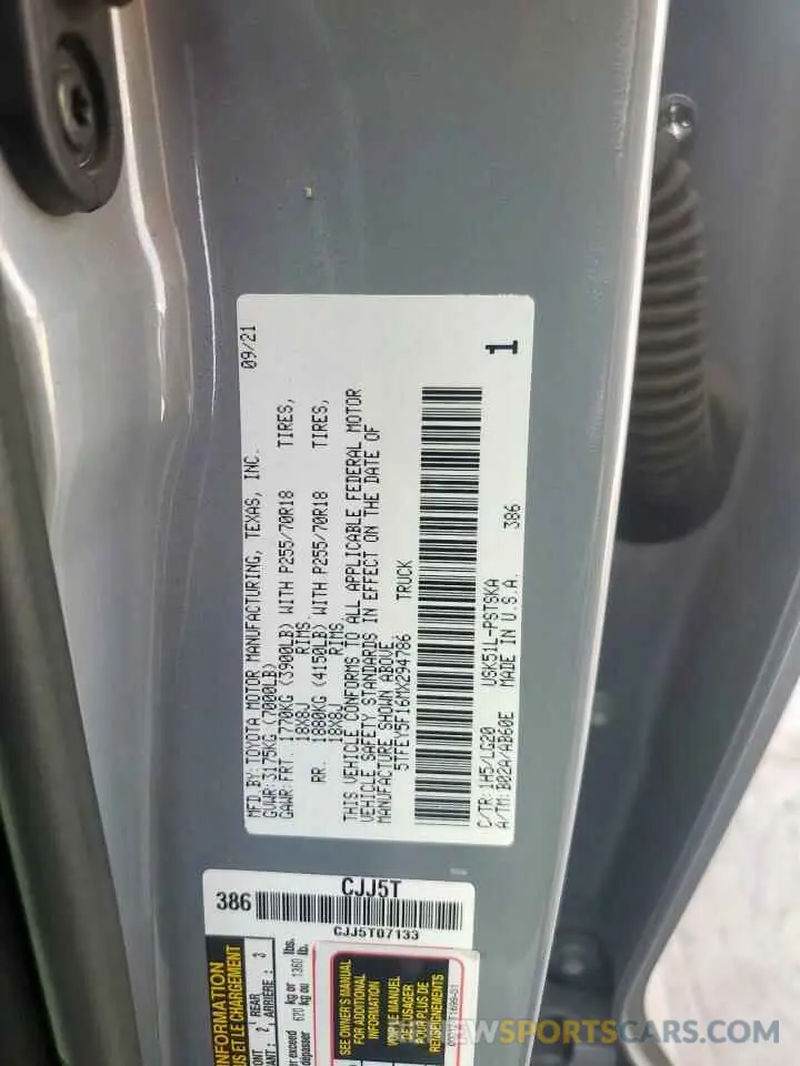 12 fotografías del automóvil dañado 5TFEY5F16MX294786 TOYOTA TUNDRA 2021