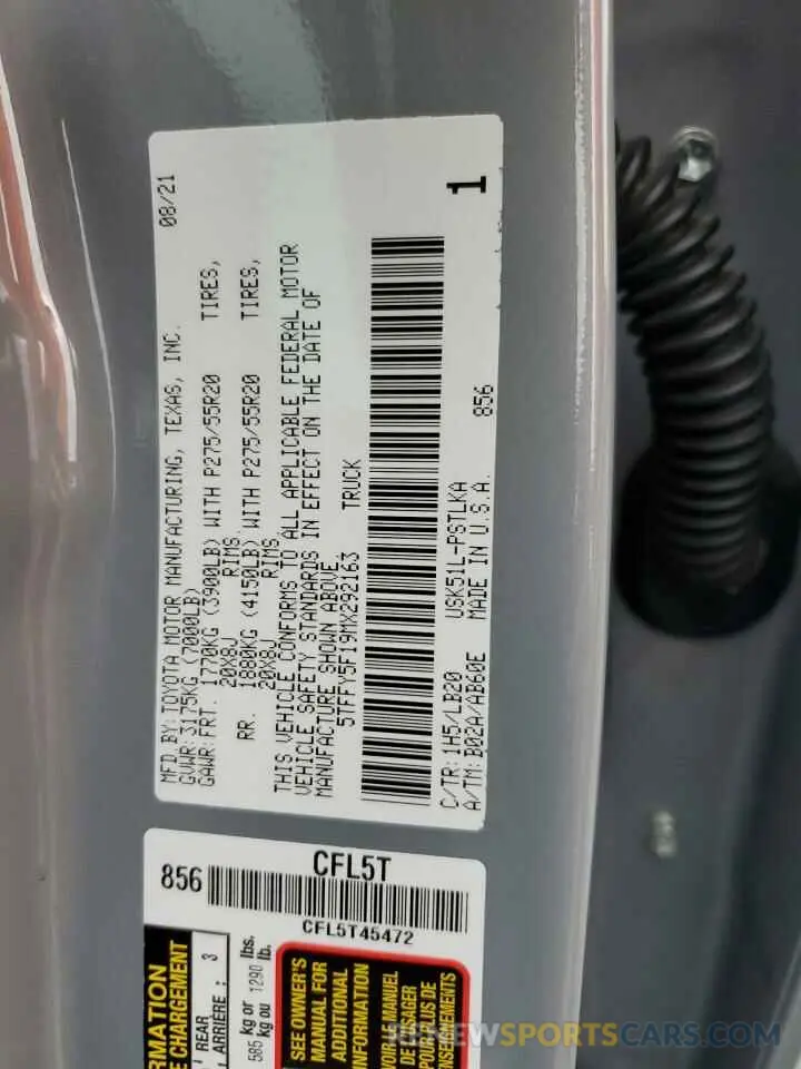 12 fotografías del automóvil dañado 5TFFY5F19MX292163 TOYOTA TUNDRA 2021
