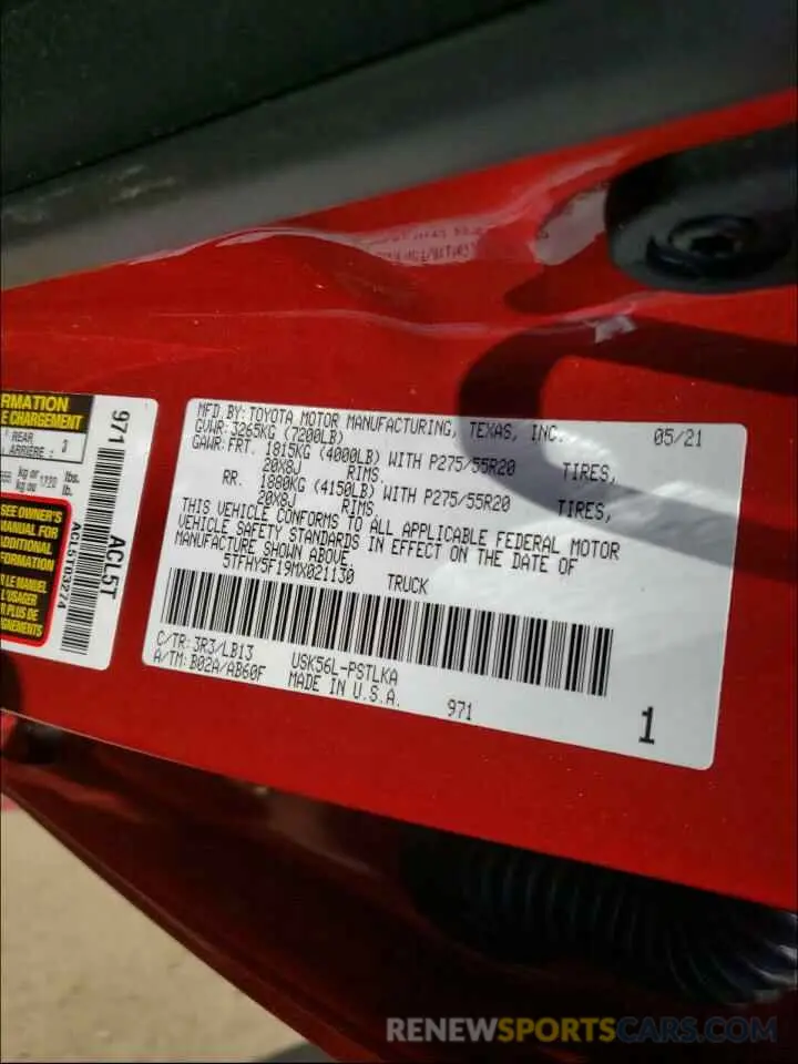 10 fotografías del automóvil dañado 5TFHY5F19MX021130 TOYOTA TUNDRA 2021