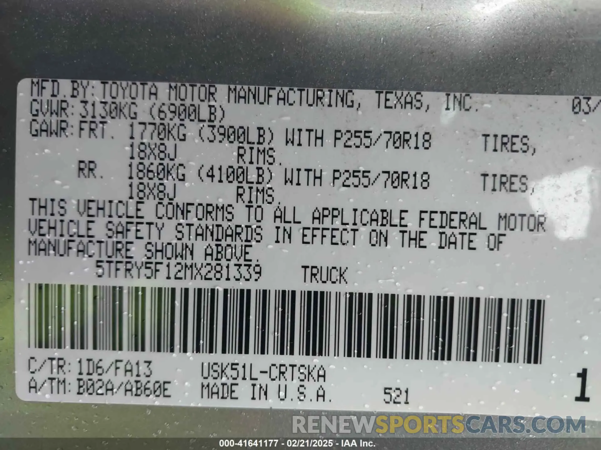 9 fotografías del automóvil dañado 5TFRY5F12MX281339 TOYOTA TUNDRA 2021