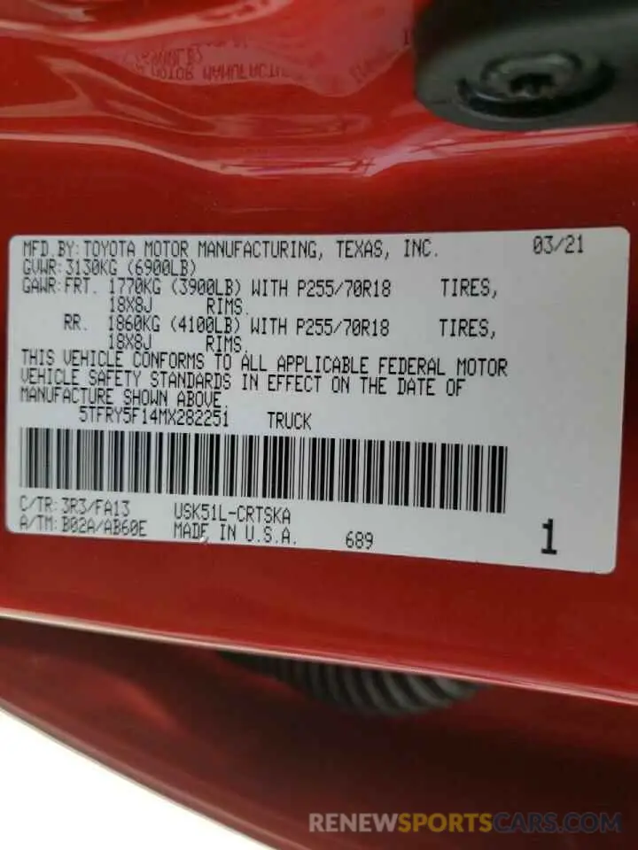 10 fotografías del automóvil dañado 5TFRY5F14MX282251 TOYOTA TUNDRA 2021