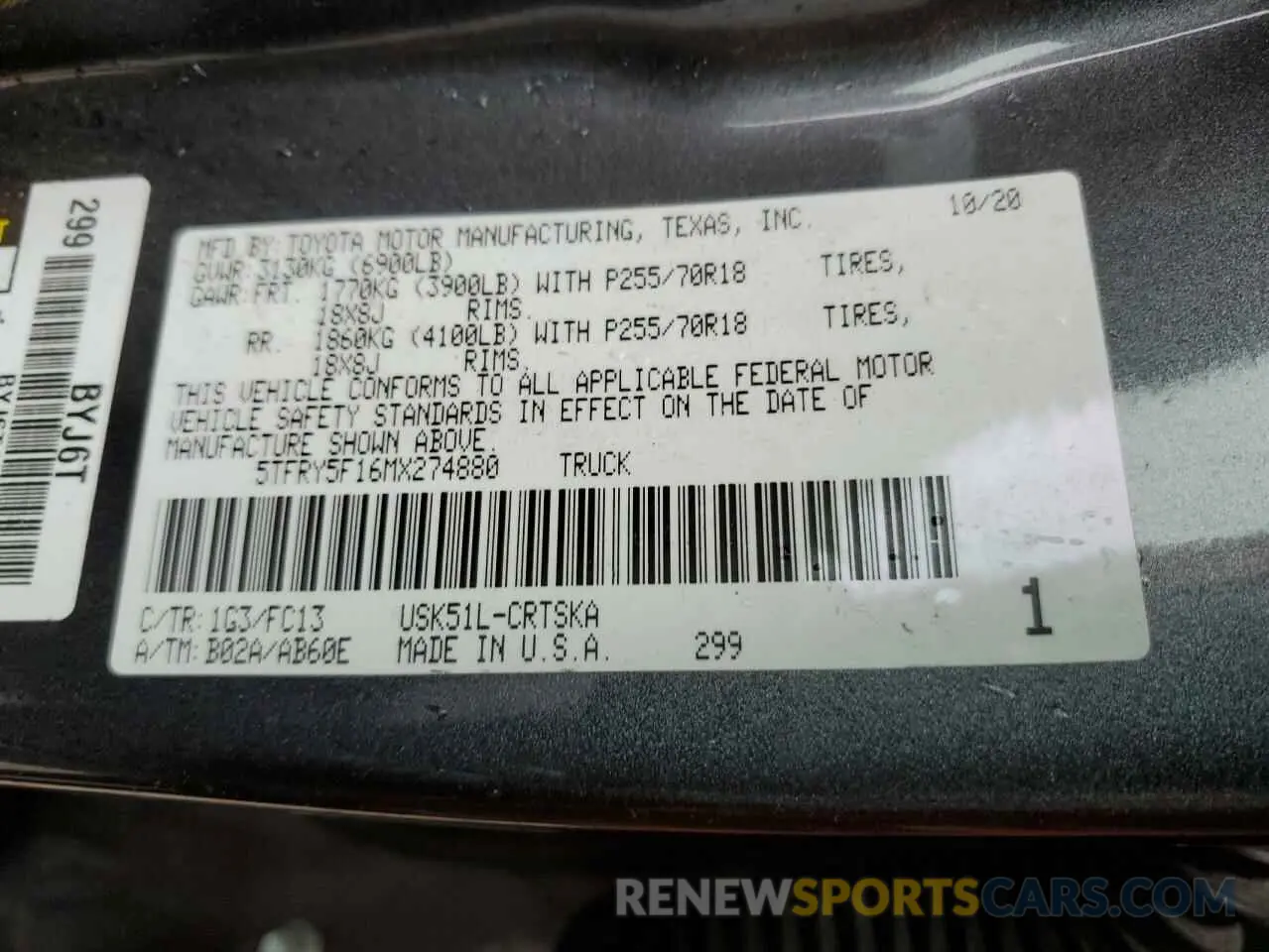 12 fotografías del automóvil dañado 5TFRY5F16MX274880 TOYOTA TUNDRA 2021