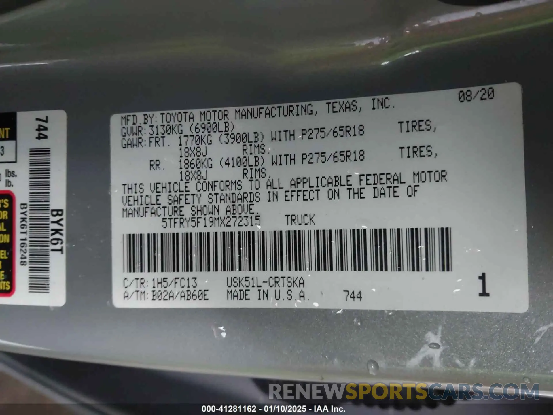 9 fotografías del automóvil dañado 5TFRY5F19MX272315 TOYOTA TUNDRA 2021