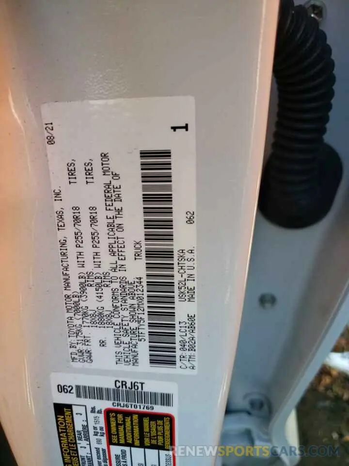 10 fotografías del automóvil dañado 5TFTY5F12MX012344 TOYOTA TUNDRA 2021