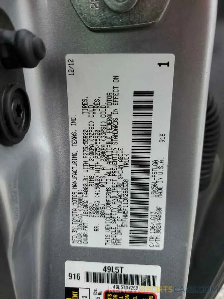 12 fotografías del automóvil dañado 5TFHW5F11DX286338 TOYOTA TUNDRA 2022