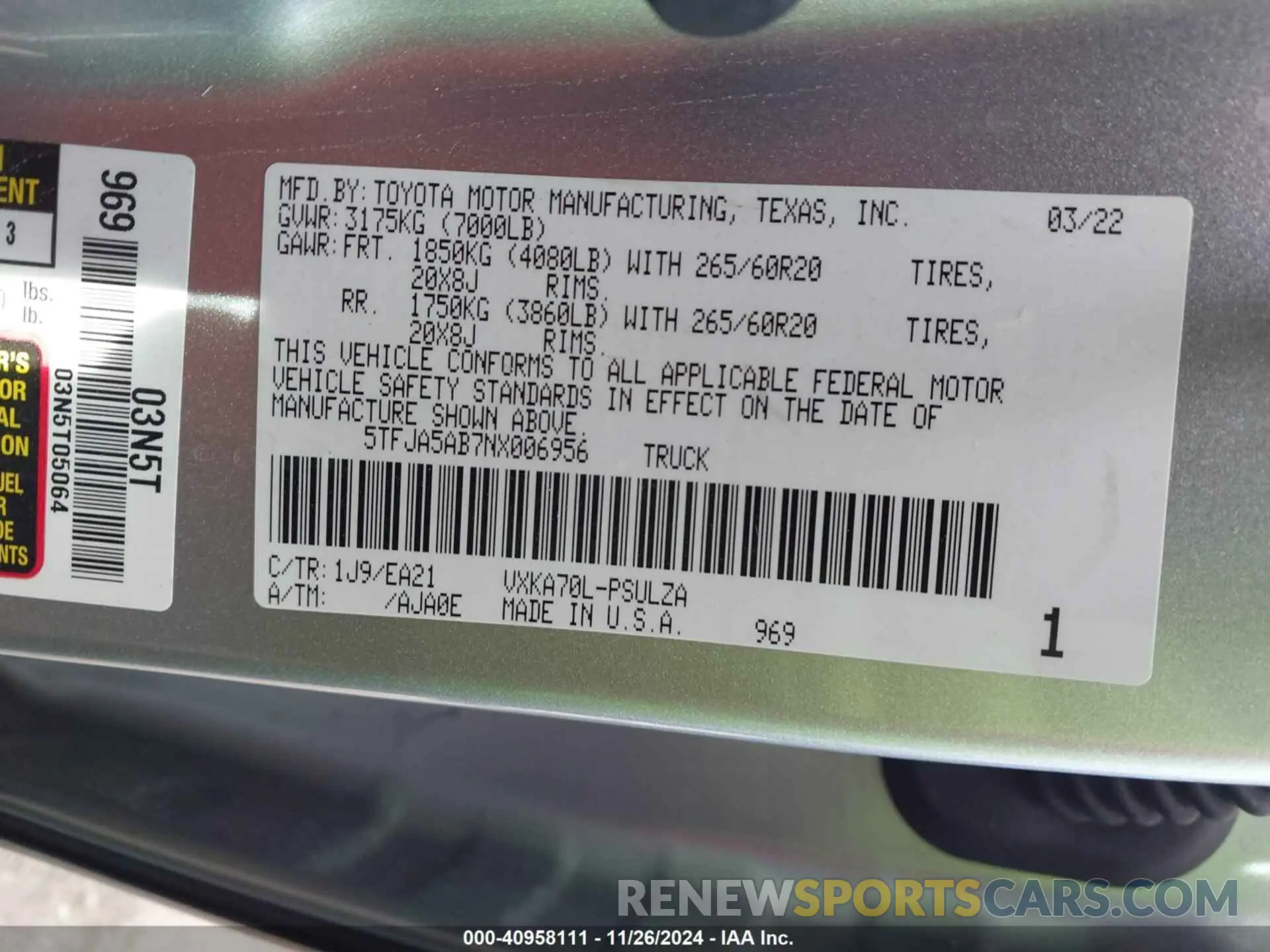 9 fotografías del automóvil dañado 5TFJA5AB7NX006956 TOYOTA TUNDRA 2022