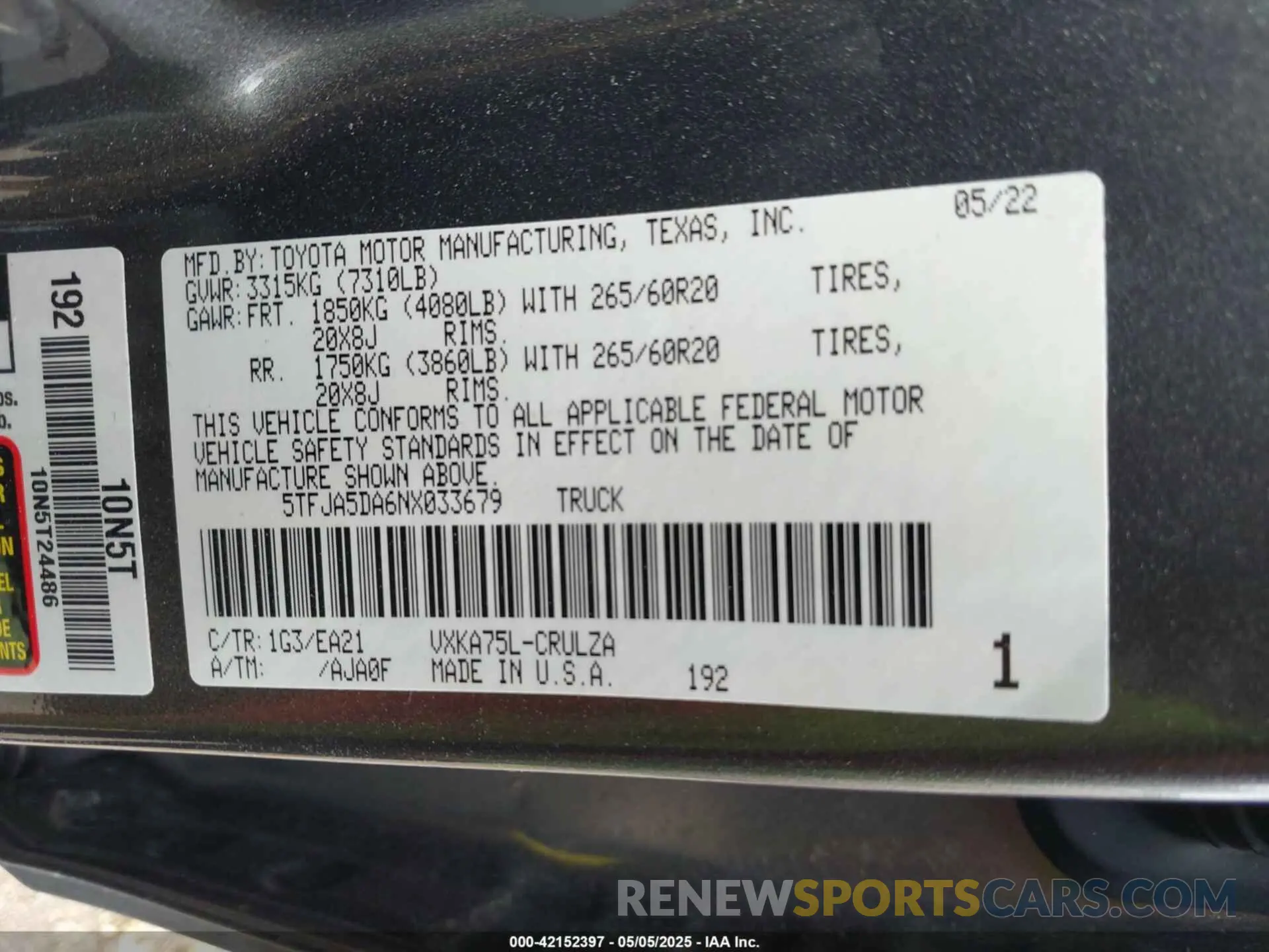 9 fotografías del automóvil dañado 5TFJA5DA6NX033679 TOYOTA TUNDRA 2022