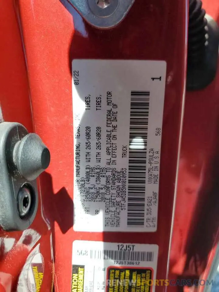 13 fotografías del automóvil dañado 5TFJA5DB5NX010953 TOYOTA TUNDRA 2022