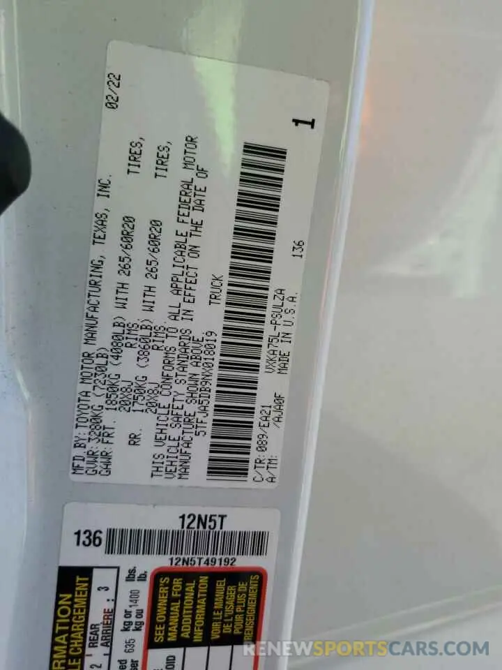 13 fotografías del automóvil dañado 5TFJA5DB9NX018019 TOYOTA TUNDRA 2022