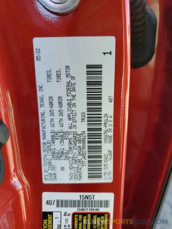 12 fotografías del automóvil dañado 5TFJA5EC9NX006234 TOYOTA TUNDRA 2022