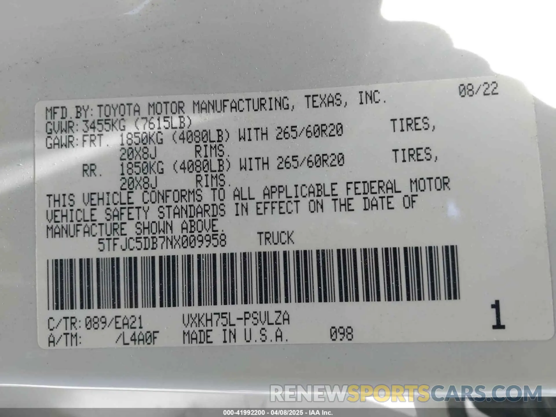 9 fotografías del automóvil dañado 5TFJC5DB7NX009958 TOYOTA TUNDRA 2022