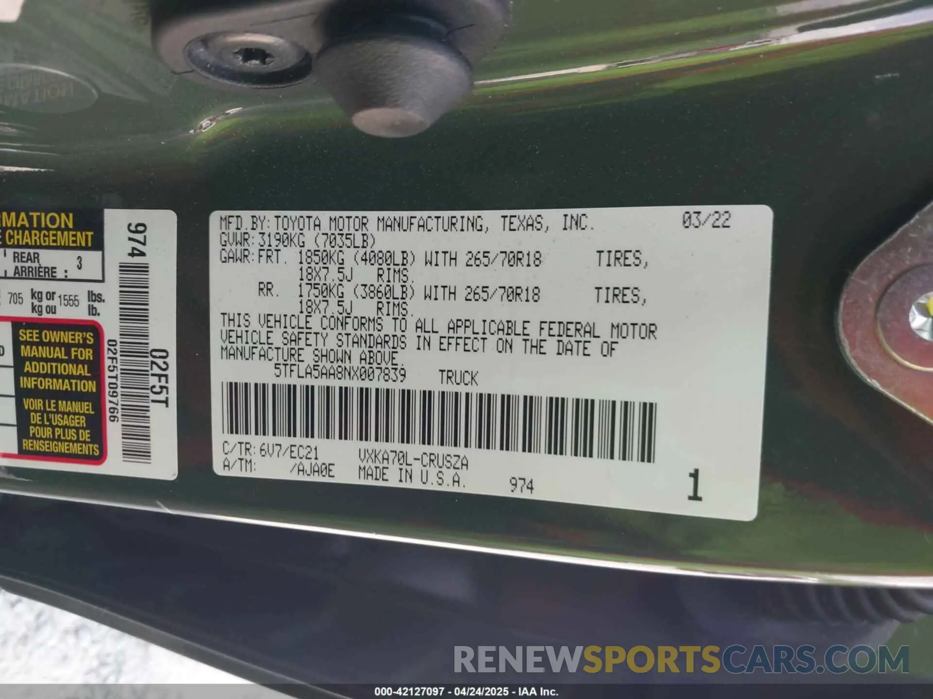 9 fotografías del automóvil dañado 5TFLA5AA8NX007839 TOYOTA TUNDRA 2022