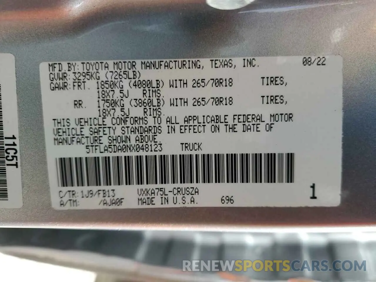 14 fotografías del automóvil dañado 5TFLA5DA0NX048123 TOYOTA TUNDRA 2022